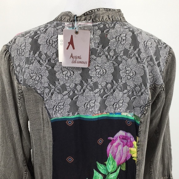 Avanie Blouse Womens Small Gray Feeling Flirty Combo Floral Denim‎ Lace Boho - Picture 6 of 14